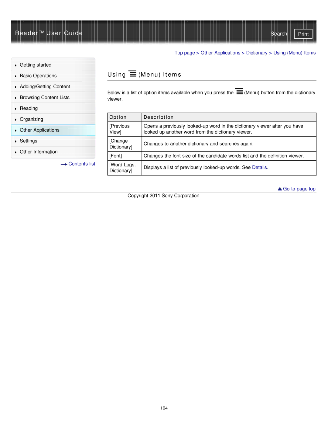 Sony PRS-T1WC, PRS-T1RC manual Top page Other Applications Dictionary Using Menu Items 