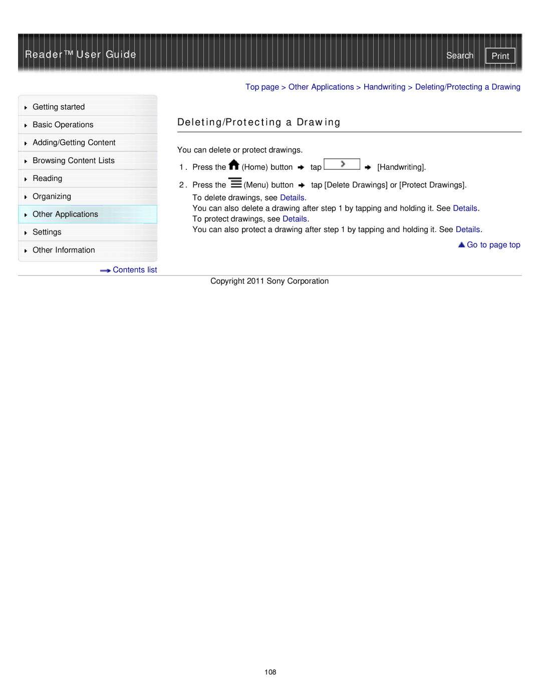 Sony PRS-T1RC, PRS-T1WC manual Deleting/Protecting a Drawing 