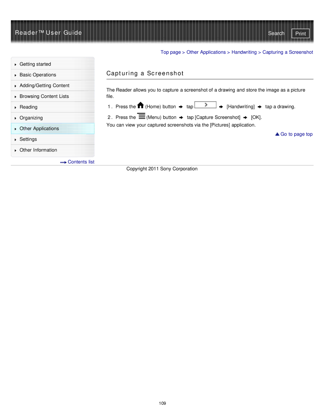 Sony PRS-T1RC, PRS-T1WC manual Capturing a Screenshot 