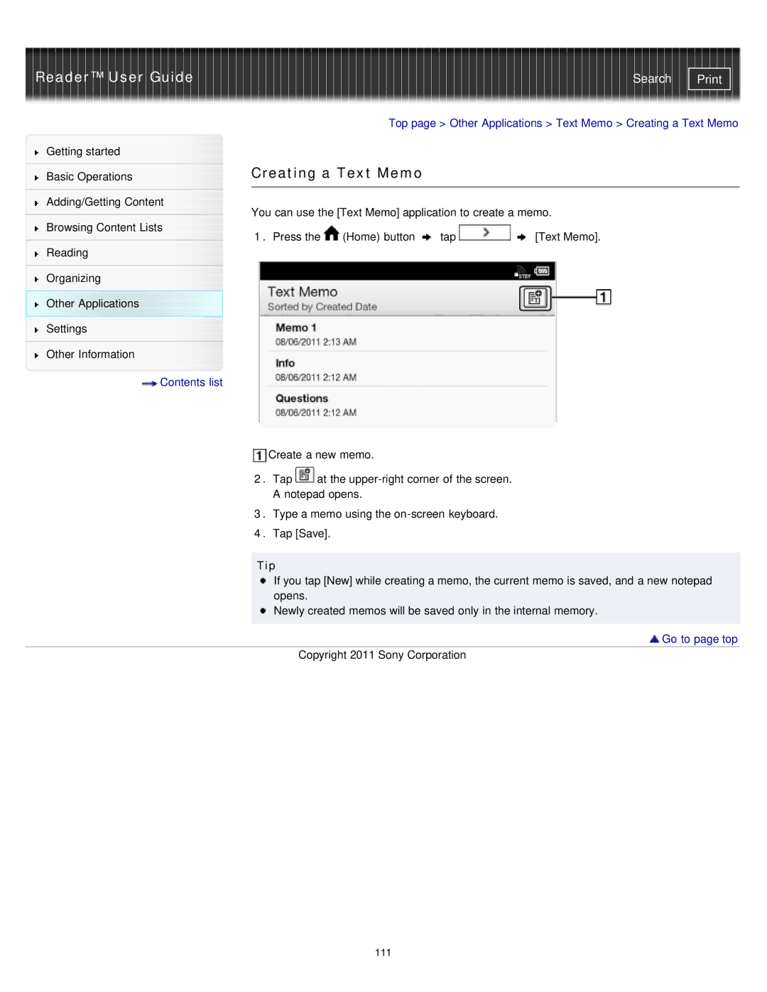 Sony PRS-T1RC, PRS-T1WC manual Creating a Text Memo, Tip 