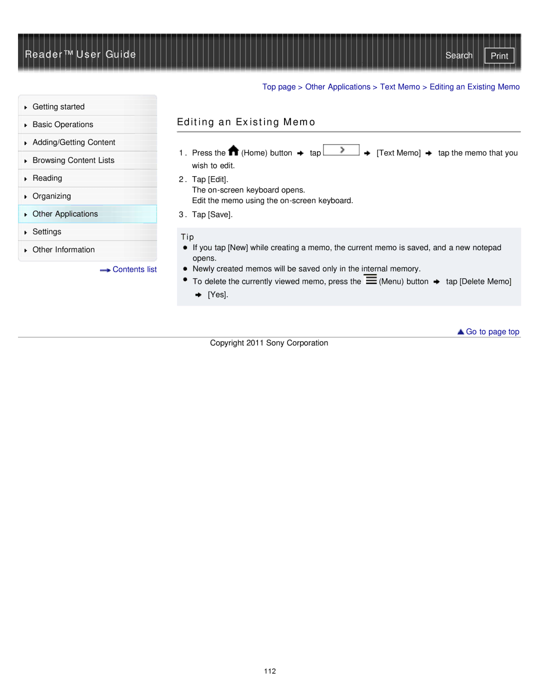 Sony PRS-T1RC, PRS-T1WC manual Editing an Existing Memo 