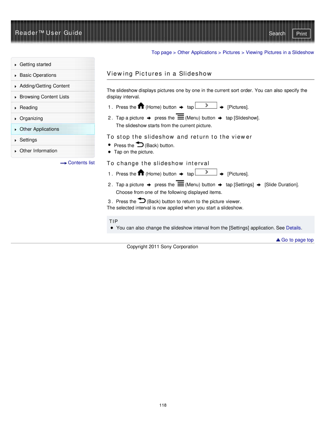 Sony PRS-T1RC, PRS-T1WC manual Viewing Pictures in a Slideshow, To stop the slideshow and return to the viewer 