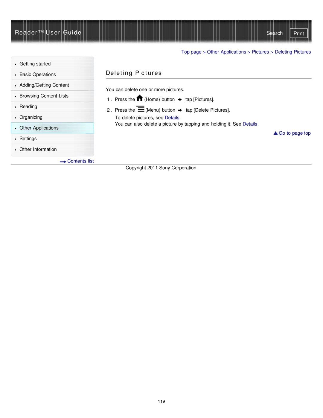 Sony PRS-T1WC, PRS-T1RC manual Deleting Pictures 