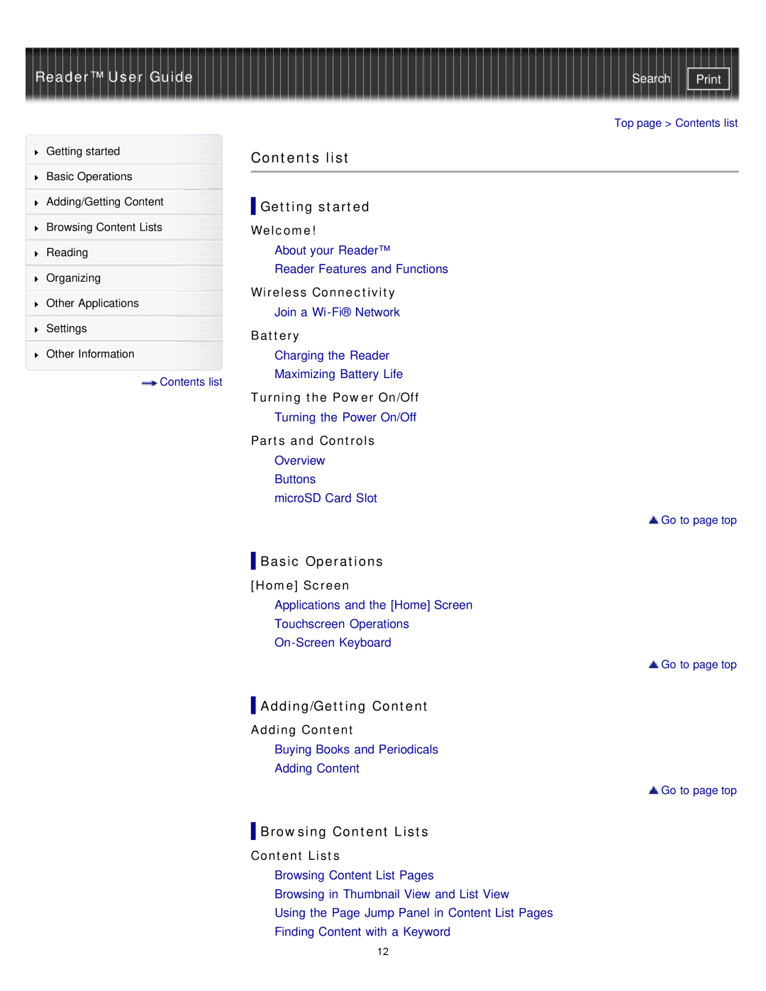 Sony PRS-T1RC, PRS-T1WC manual Contents list 