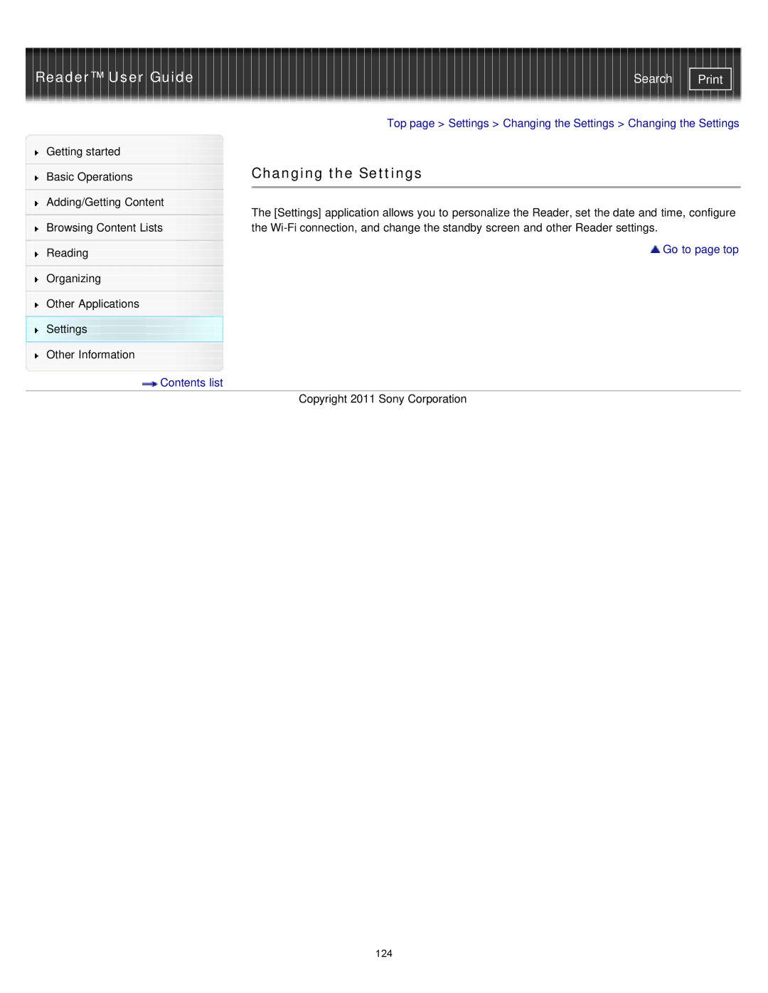 Sony PRS-T1RC, PRS-T1WC manual Changing the Settings 