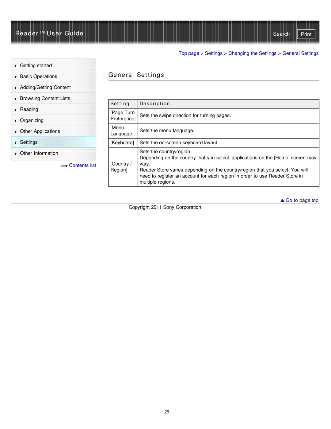 Sony PRS-T1WC, PRS-T1RC manual General Settings, Setting Description 