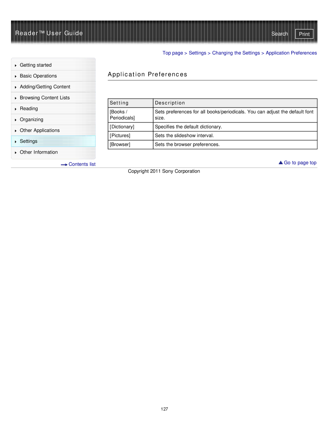 Sony PRS-T1RC, PRS-T1WC manual Application Preferences 