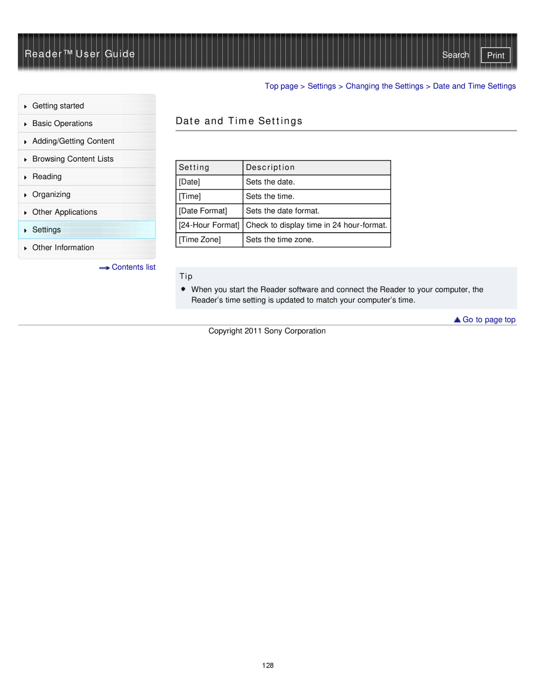 Sony PRS-T1WC, PRS-T1RC manual Date and Time Settings, Tip 