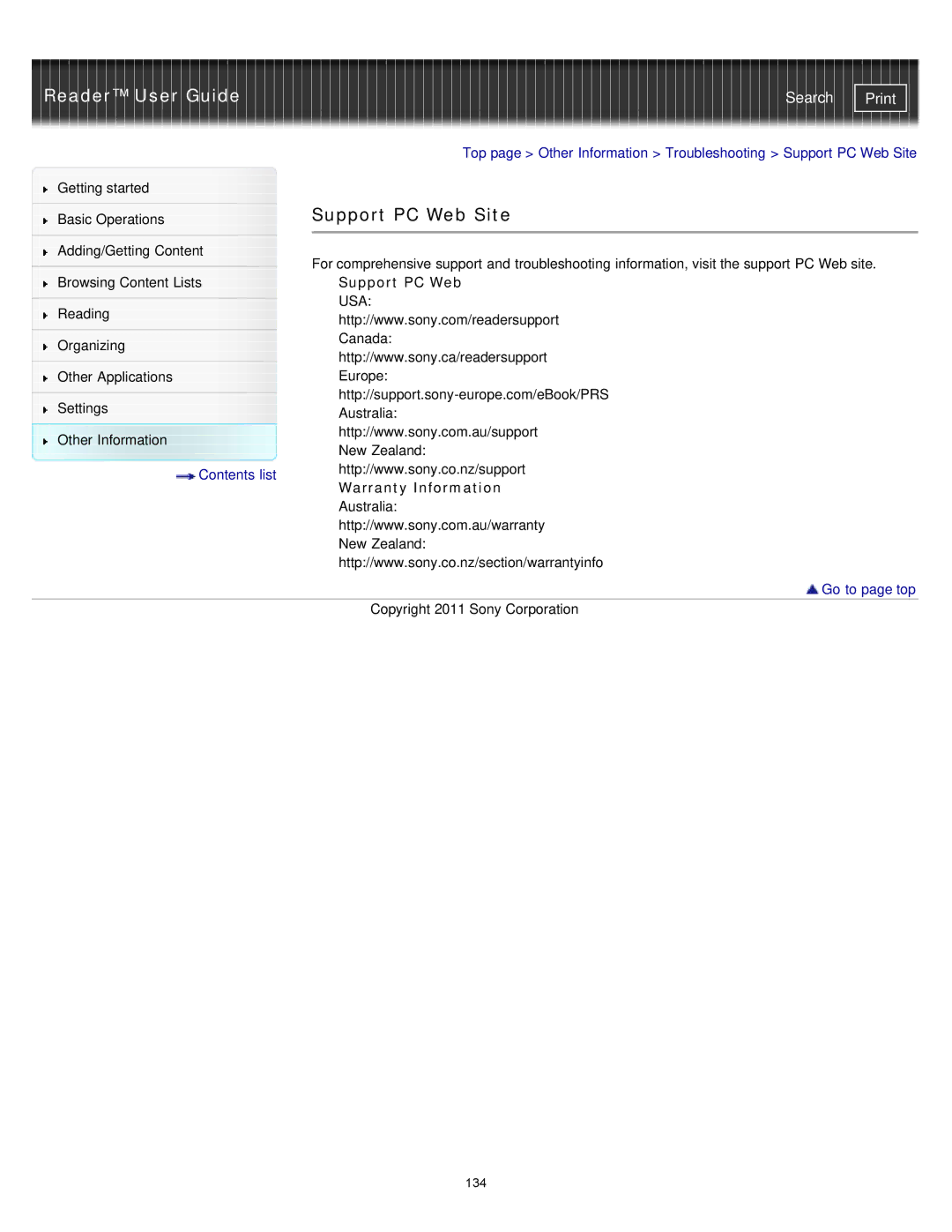 Sony PRS-T1WC, PRS-T1RC manual Support PC Web Site, Warranty Information 