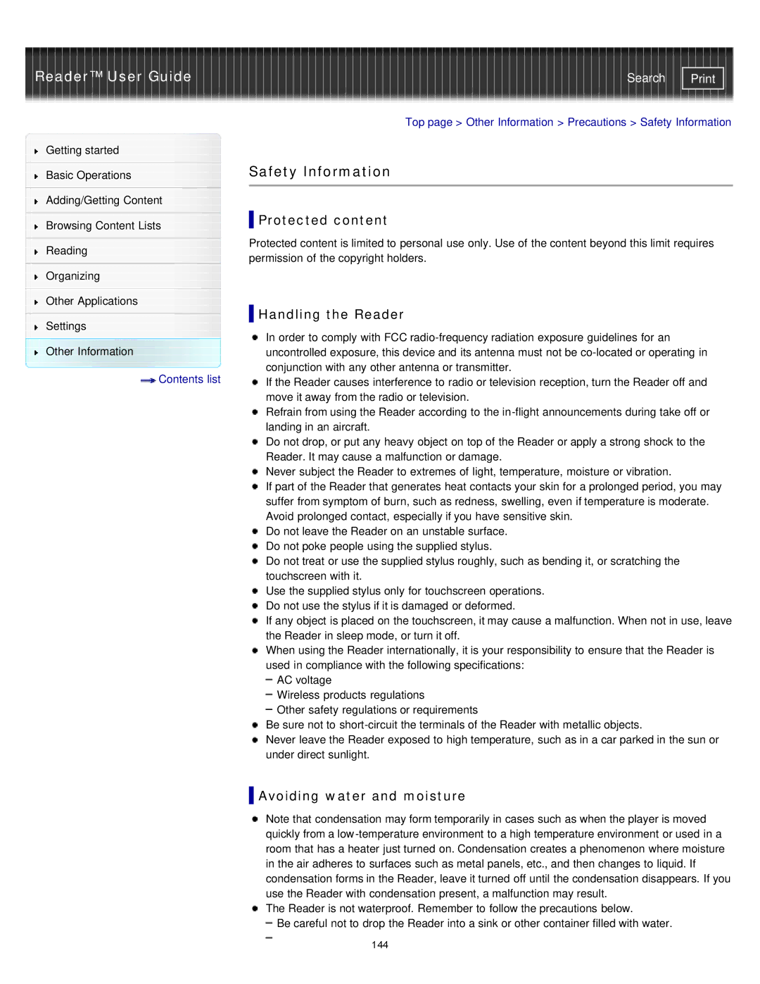 Sony PRS-T1RC, PRS-T1WC manual Safety Information, Protected content, Handling the Reader, Avoiding water and moisture 