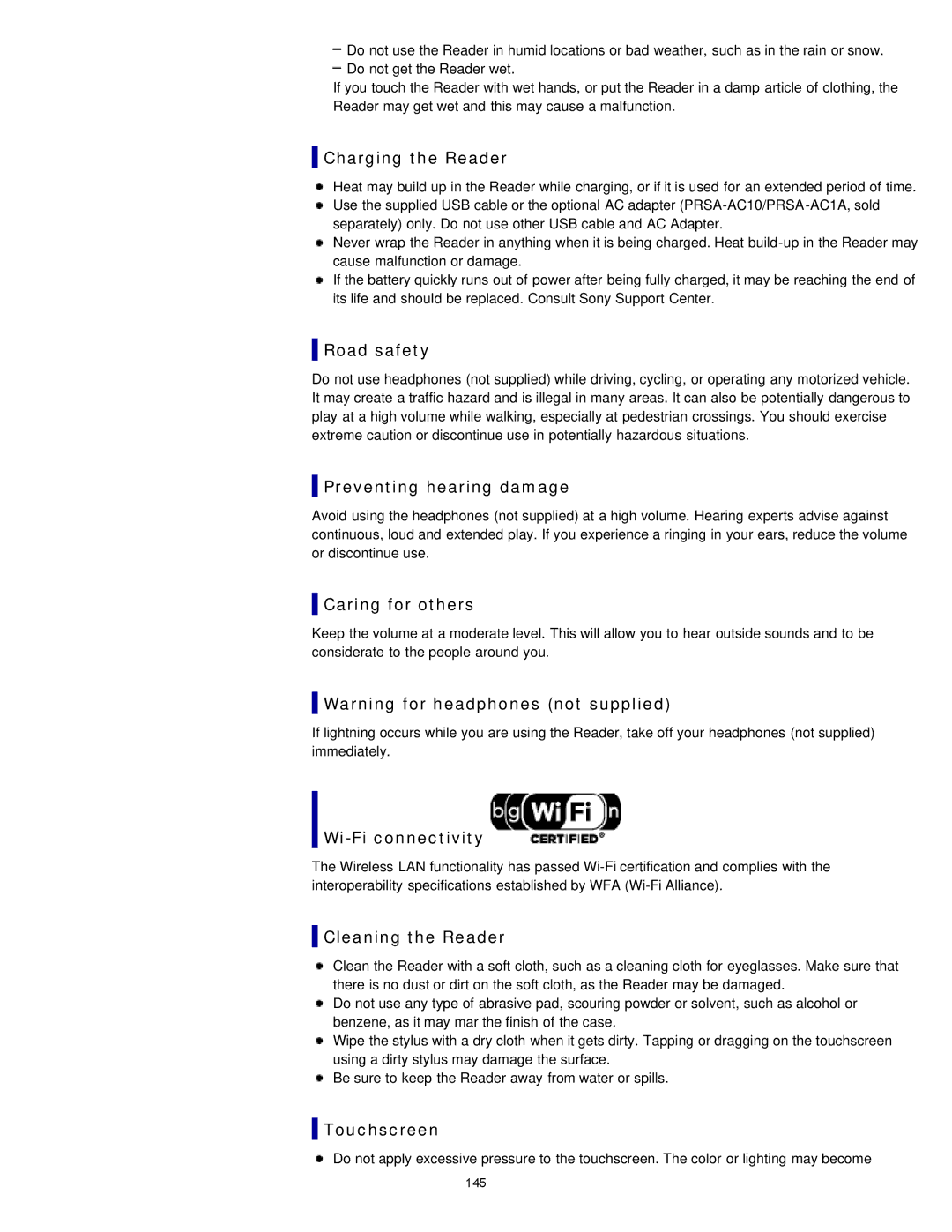 Sony PRS-T1RC, PRS-T1WC Charging the Reader, Road safety, Preventing hearing damage, Caring for others, Wi-Fi connectivity 