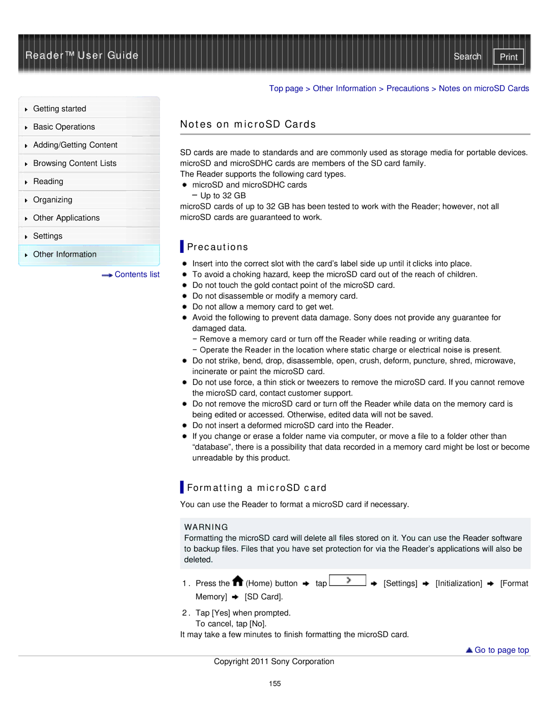 Sony PRS-T1WC, PRS-T1RC manual Precautions, Formatting a microSD card 