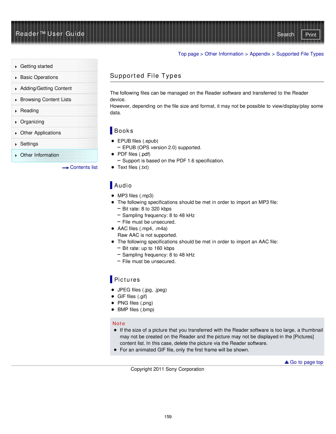 Sony PRS-T1RC, PRS-T1WC manual Supported File Types, Books, Audio, Pictures 