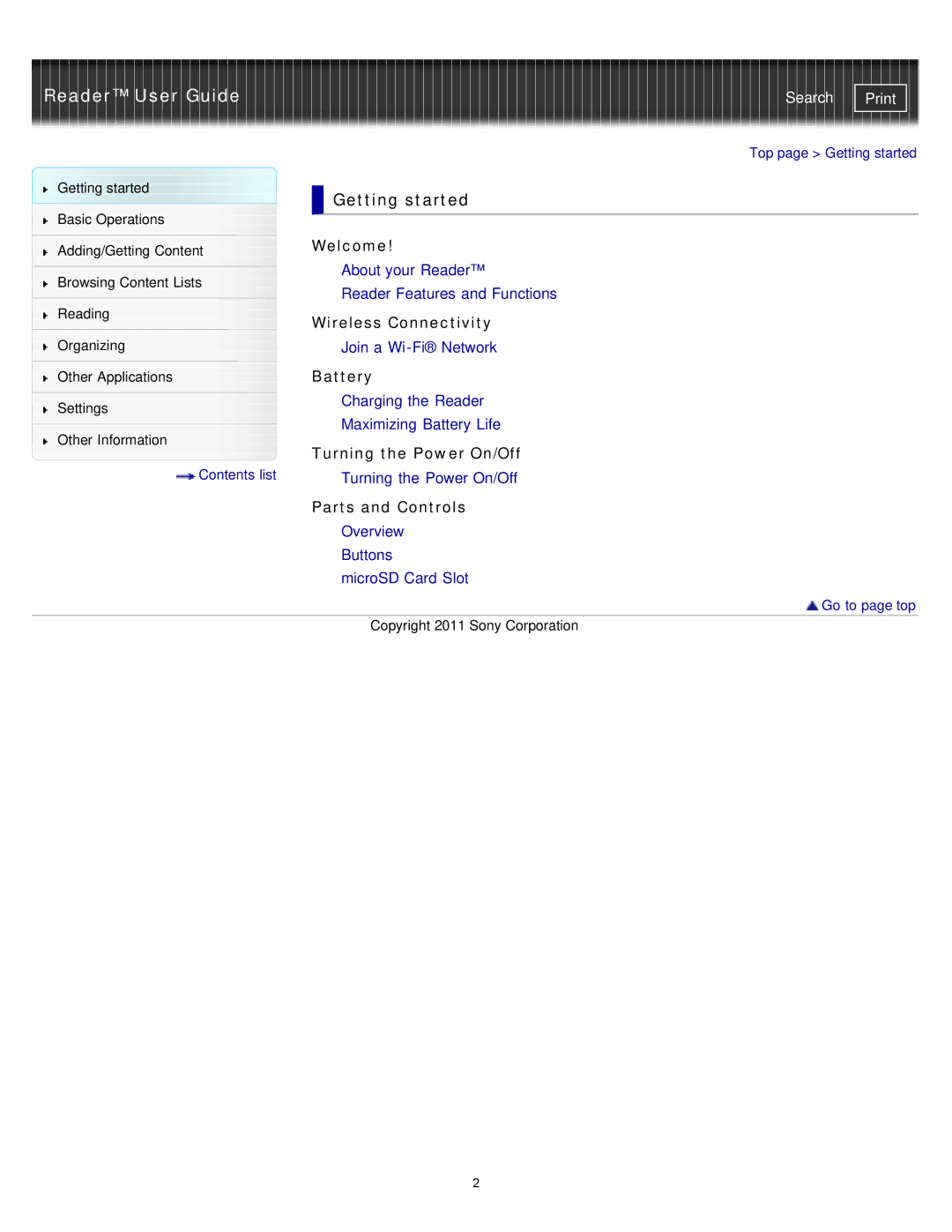 Sony PRS-T1WC, PRS-T1RC manual Getting started 