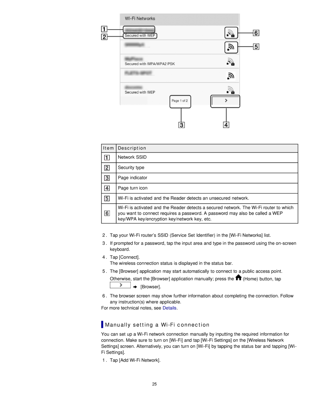 Sony PRS-T1RC, PRS-T1WC manual Manually setting a Wi-Fi connection 