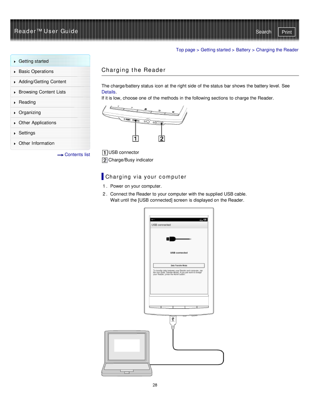 Sony PRS-T1RC, PRS-T1WC manual Charging the Reader, Charging via your computer 