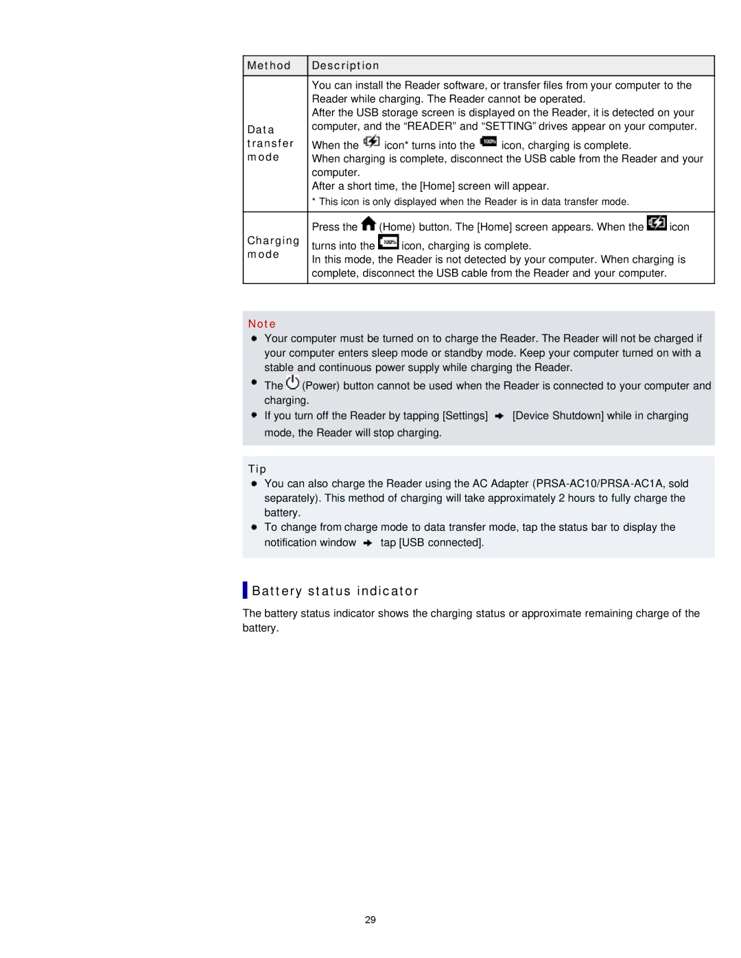 Sony PRS-T1WC, PRS-T1RC manual Battery status indicator 