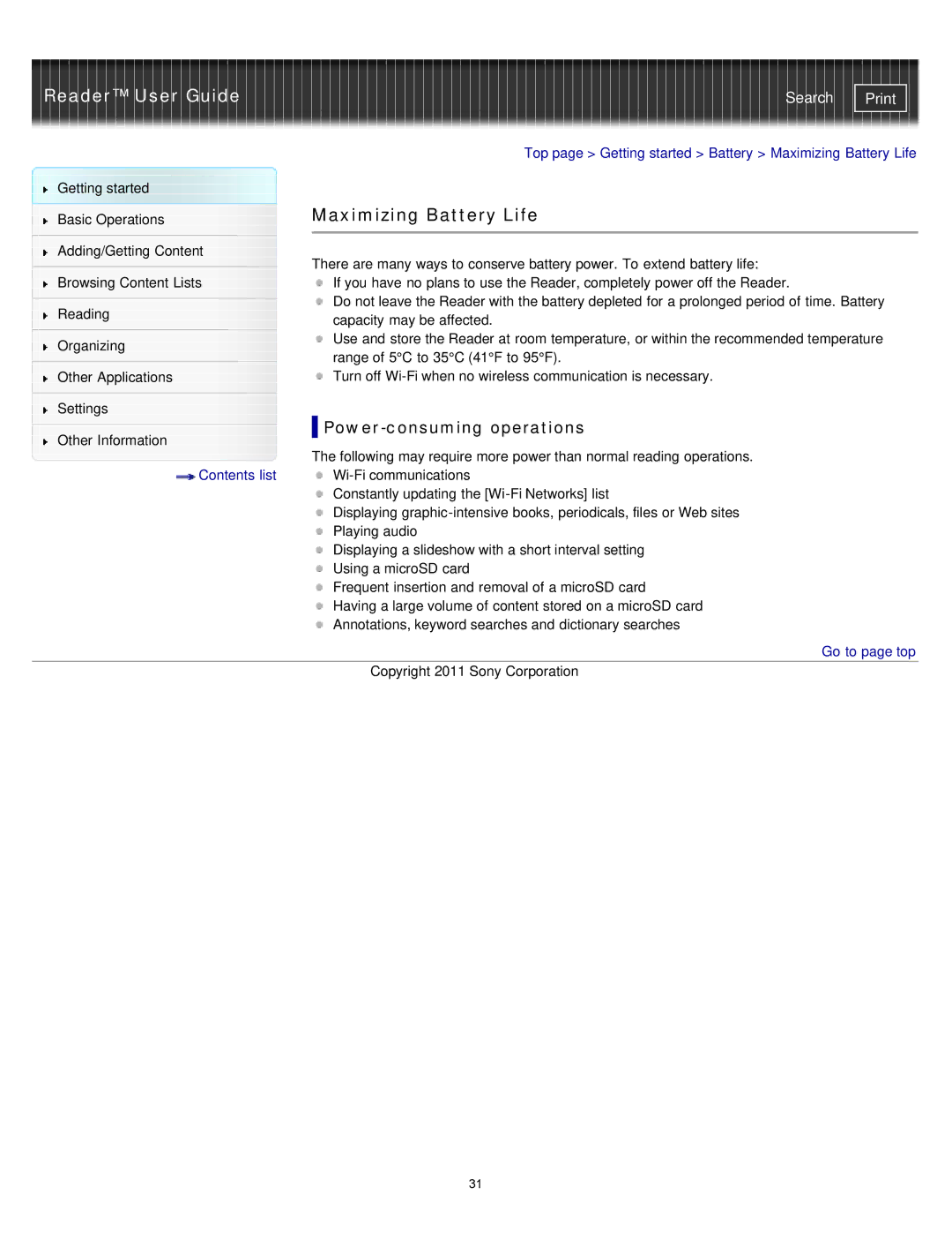 Sony PRS-T1RC, PRS-T1WC manual Maximizing Battery Life, Power-consuming operations 