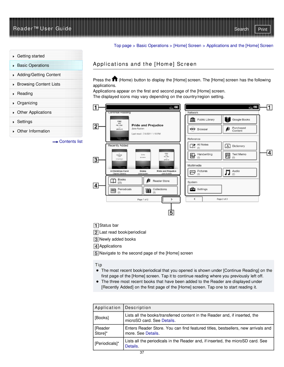 Sony PRS-T1RC, PRS-T1WC manual Applications and the Home Screen, Application Description 