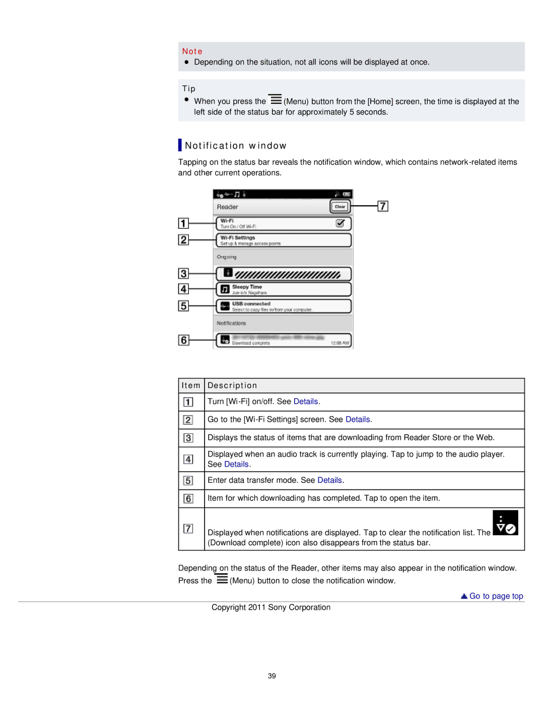 Sony PRS-T1RC, PRS-T1WC manual Notification window, Item Description 