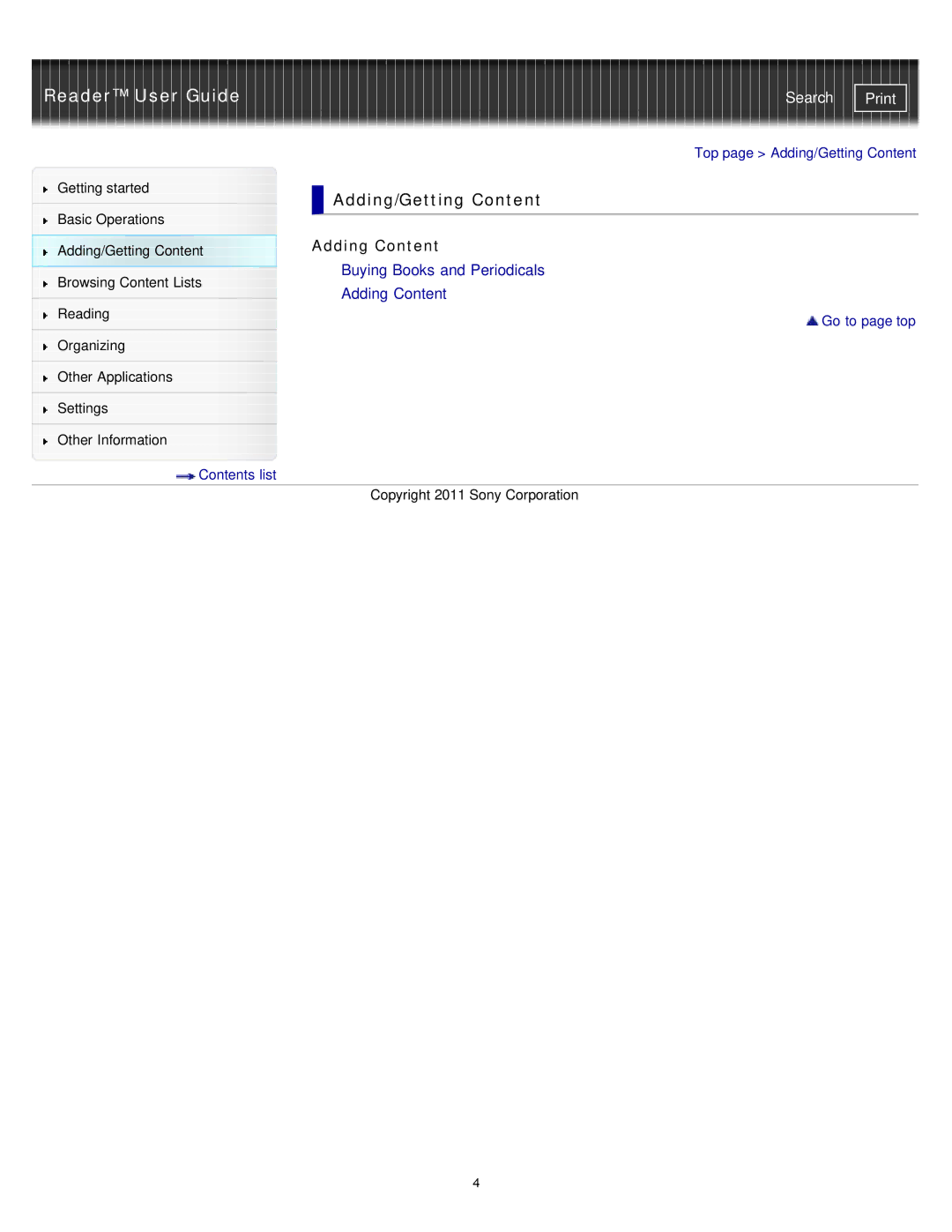 Sony PRS-T1RC, PRS-T1WC manual Adding/Getting Content, Adding Content 