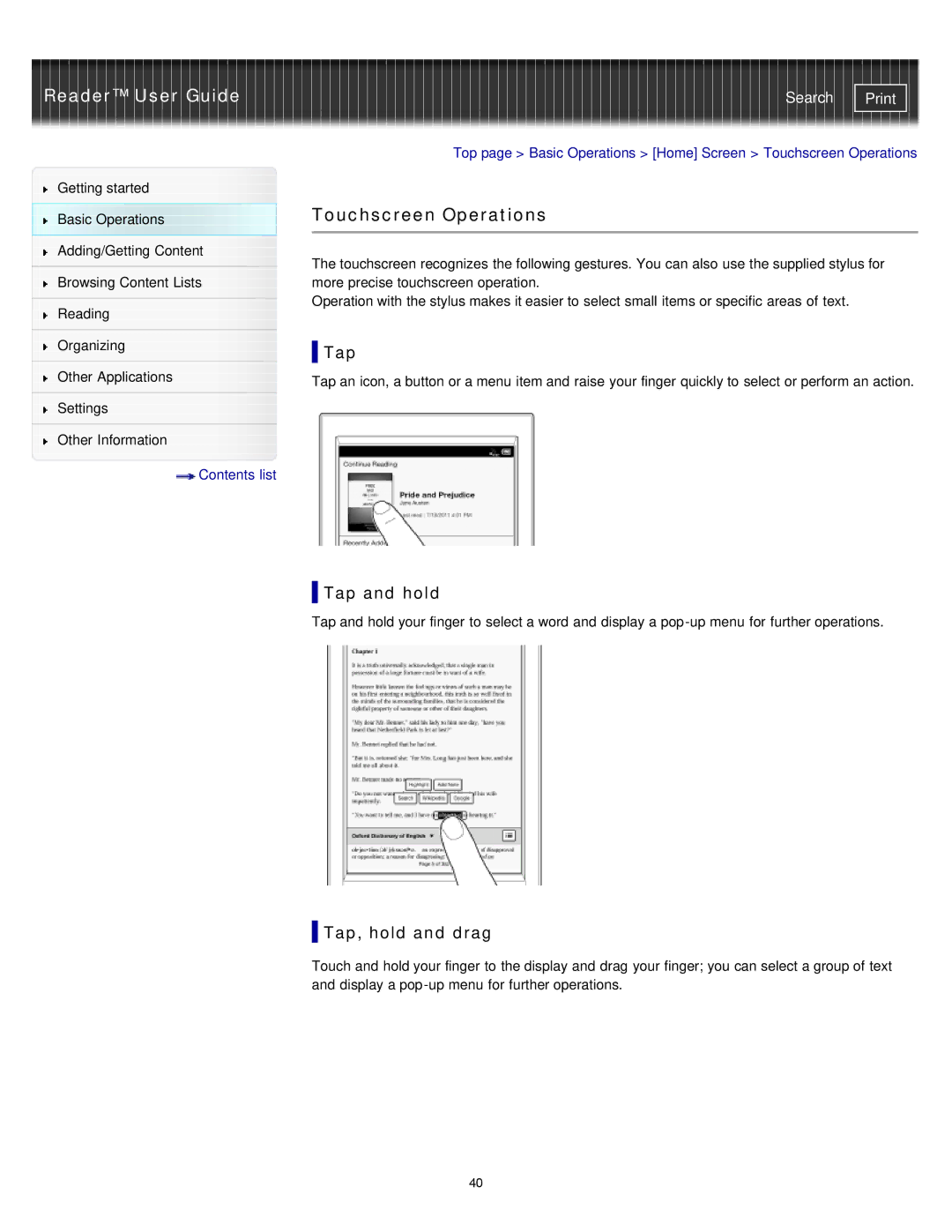 Sony PRS-T1RC, PRS-T1WC manual Touchscreen Operations, Tap and hold, Tap, hold and drag 