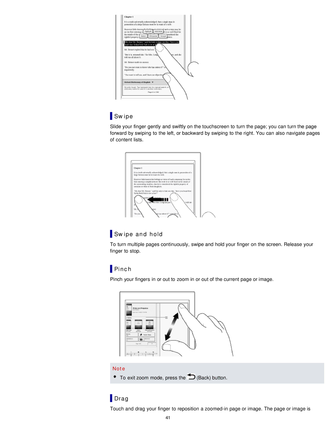 Sony PRS-T1WC, PRS-T1RC manual Swipe and hold, Pinch, Drag 