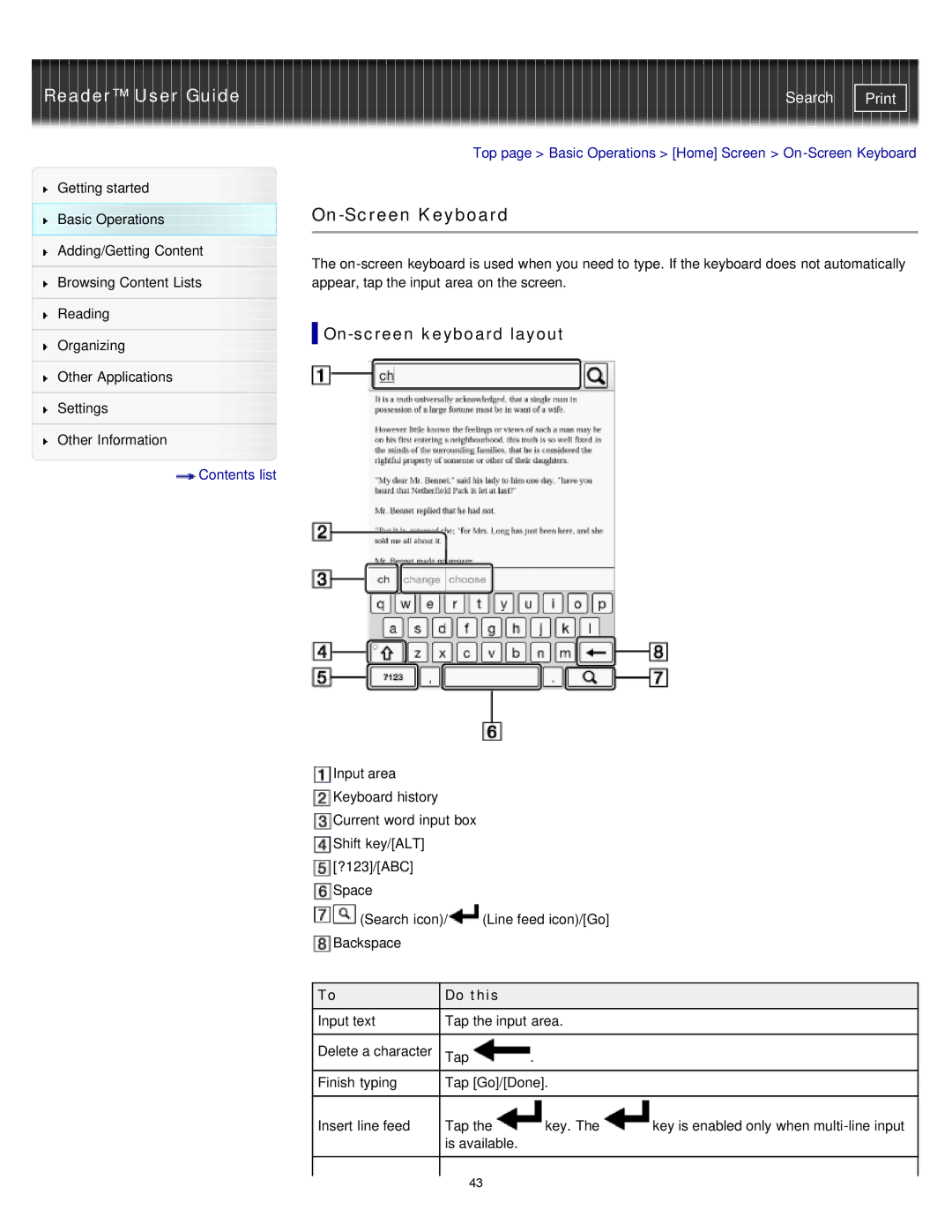 Sony PRS-T1RC, PRS-T1WC manual On-Screen Keyboard, On-screen keyboard layout, Do this 