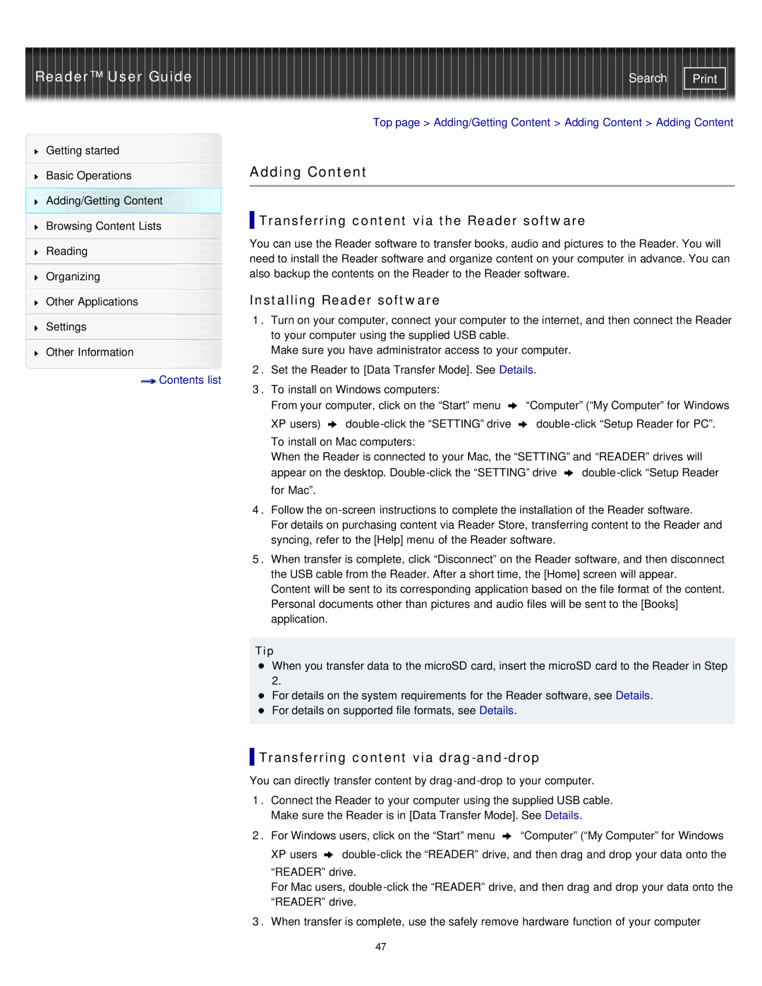 Sony PRS-T1WC, PRS-T1RC manual Adding Content, Transferring content via the Reader software, Installing Reader software 