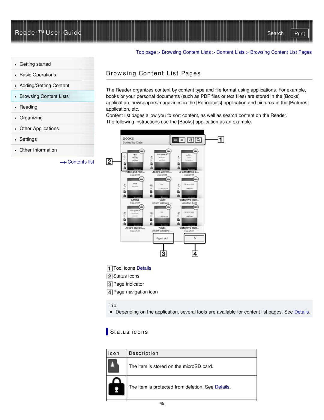 Sony PRS-T1RC, PRS-T1WC manual Browsing Content List Pages, Status icons 