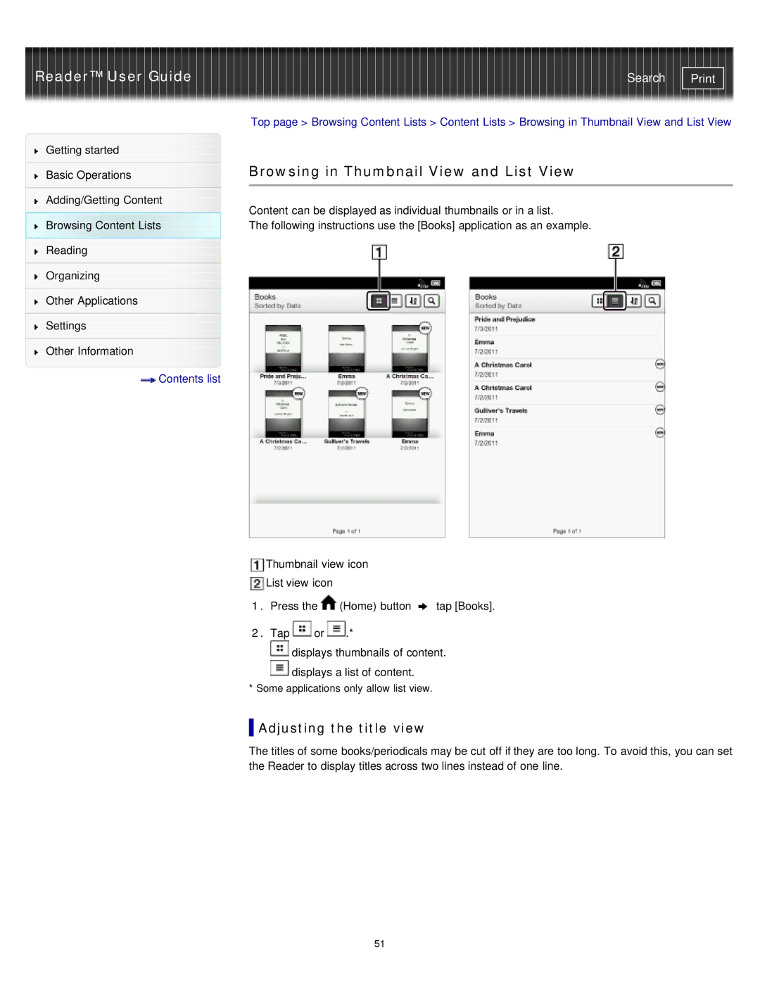 Sony PRS-T1RC, PRS-T1WC manual Browsing in Thumbnail View and List View, Adjusting the title view 