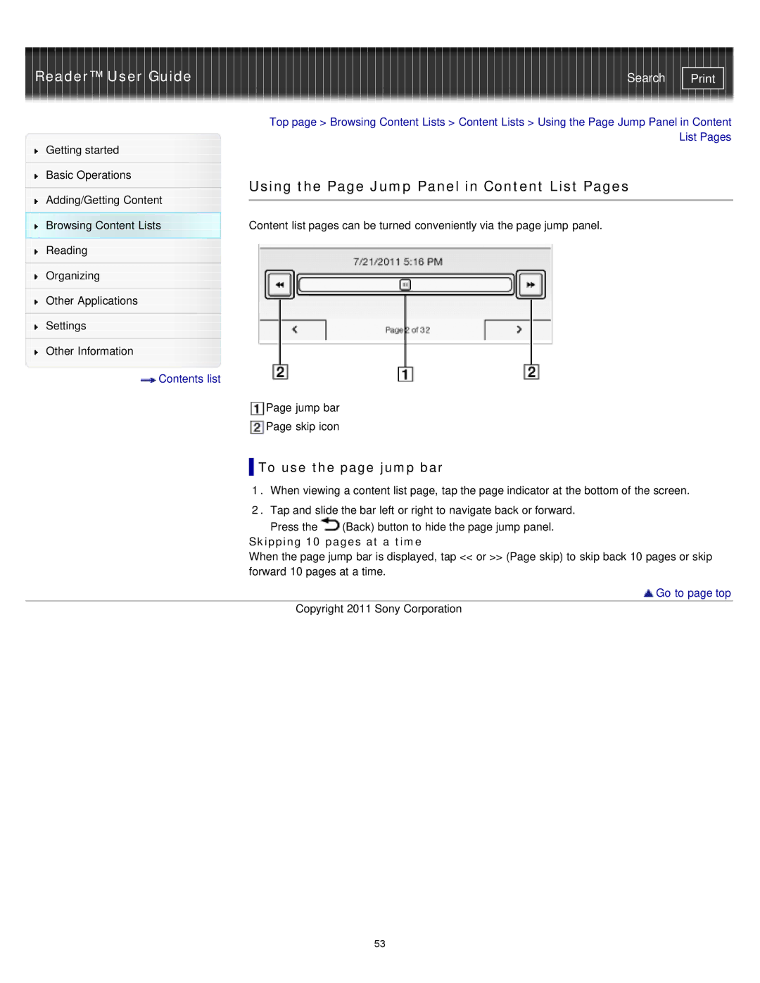 Sony PRS-T1WC manual Using the Page Jump Panel in Content List Pages, To use the page jump bar, Skipping 10 pages at a time 