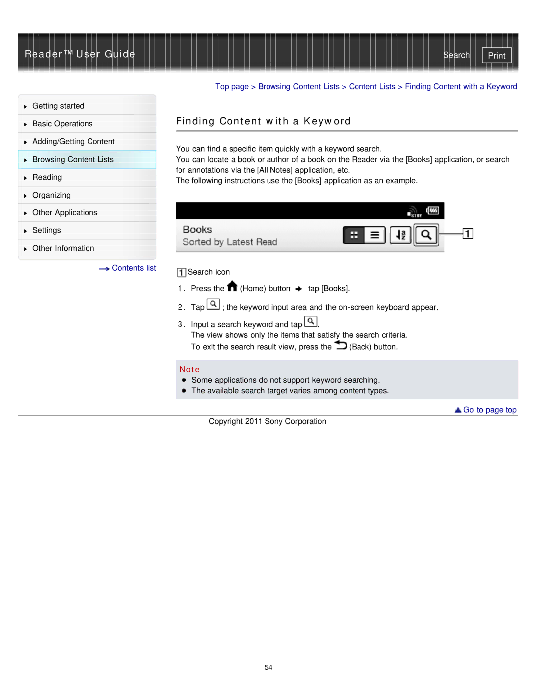 Sony PRS-T1RC, PRS-T1WC manual Finding Content with a Keyword 