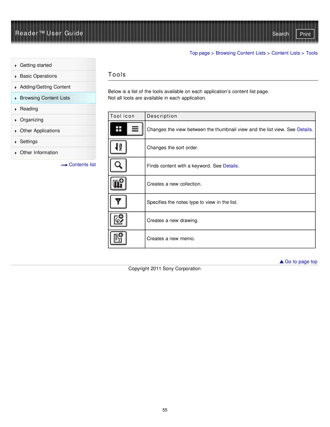 Sony PRS-T1RC, PRS-T1WC manual Tools, Tool icon Description 