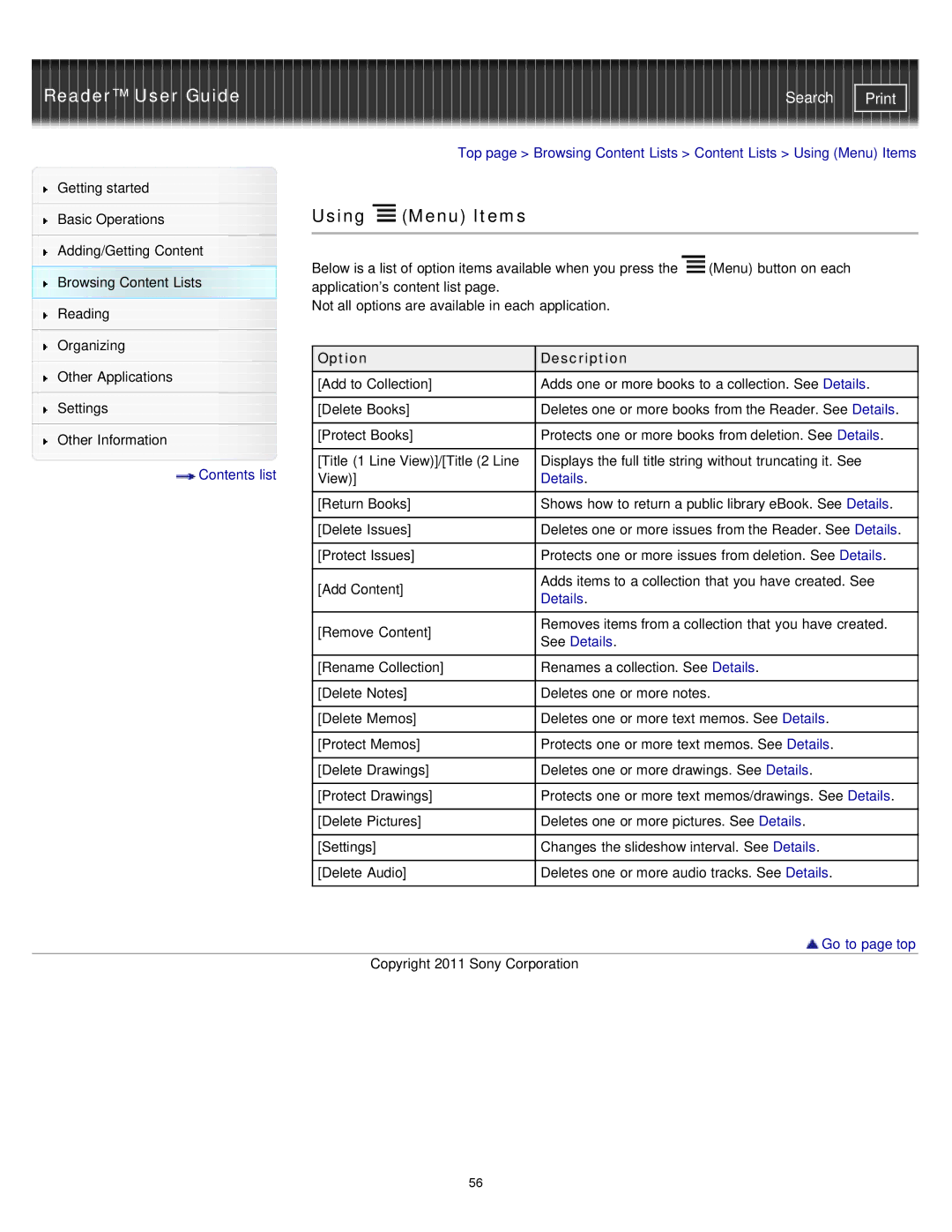 Sony PRS-T1WC, PRS-T1RC manual Using Menu Items, Option Description 