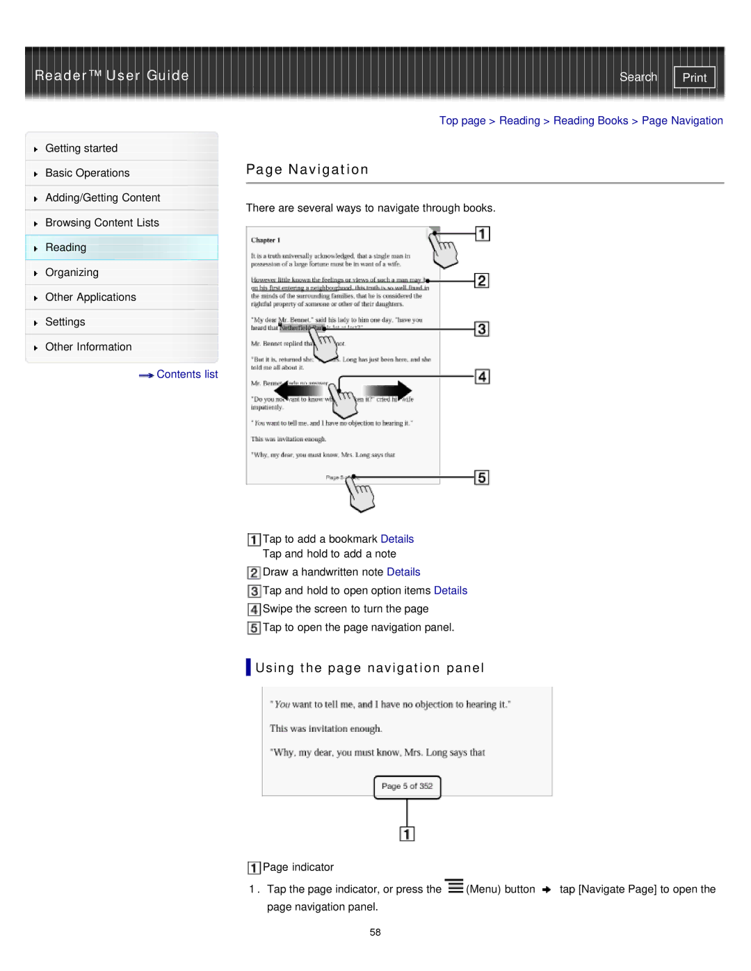 Sony PRS-T1RC, PRS-T1WC manual Navigation, Using the page navigation panel 