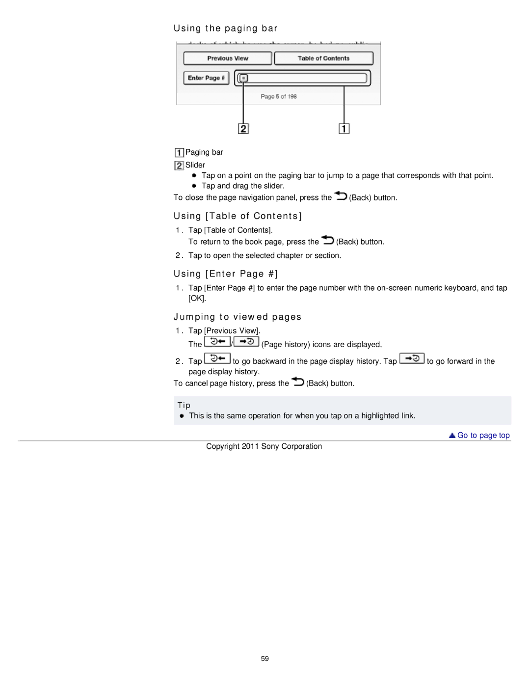 Sony PRS-T1WC, PRS-T1RC manual Using the paging bar, Using Table of Contents, Using Enter Page #, Jumping to viewed pages 