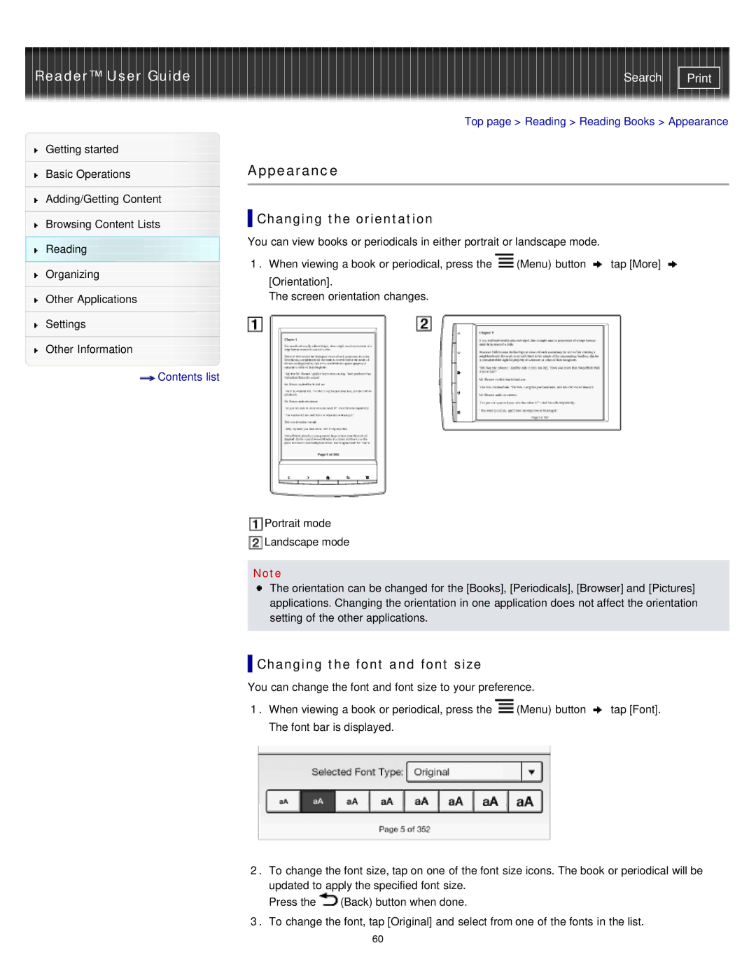 Sony PRS-T1RC, PRS-T1WC manual Appearance, Changing the orientation, Changing the font and font size 