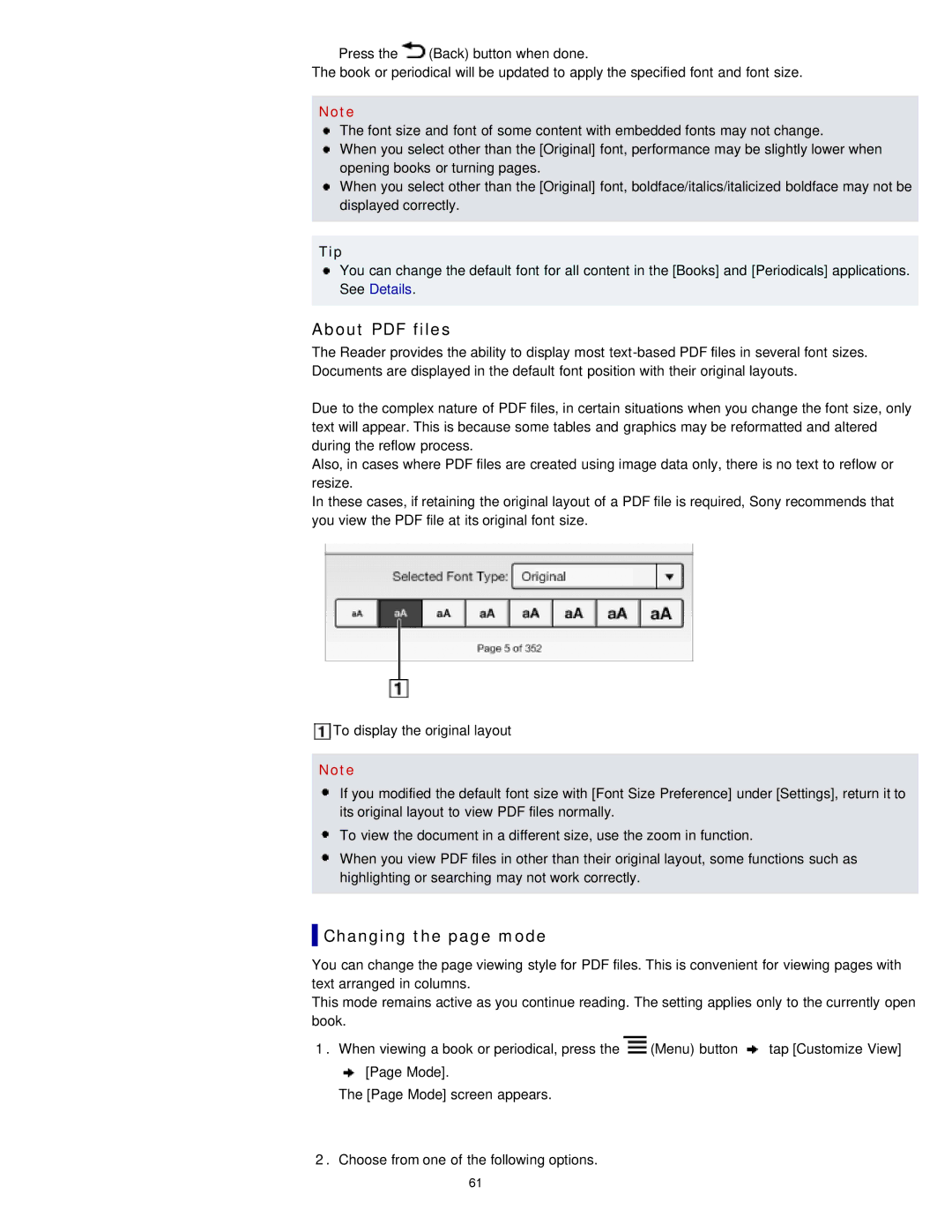 Sony PRS-T1RC, PRS-T1WC manual Changing the page mode 