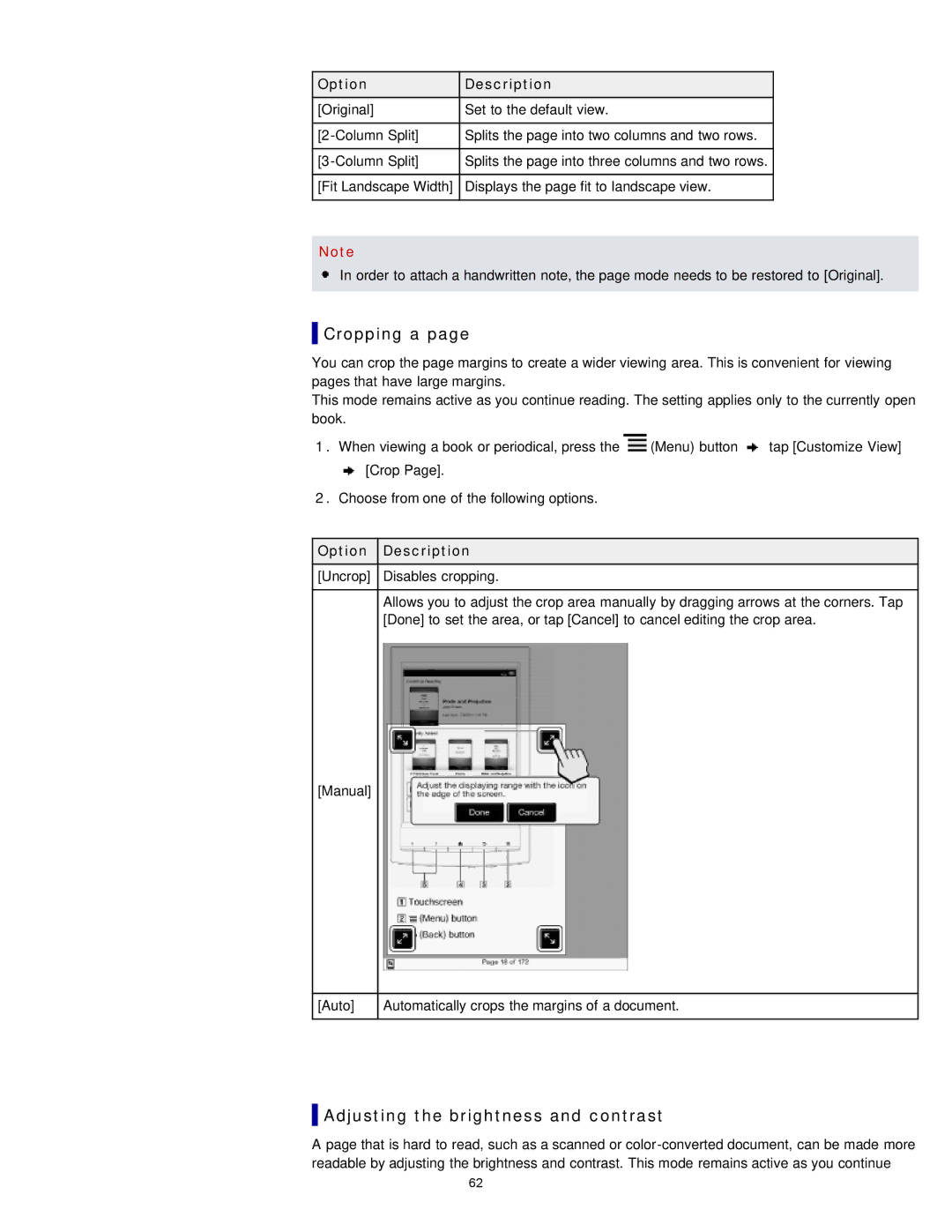 Sony PRS-T1WC, PRS-T1RC manual Cropping a, Adjusting the brightness and contrast 