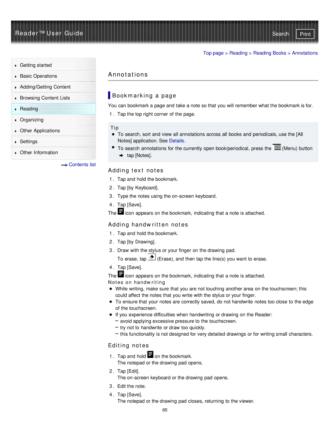 Sony PRS-T1WC, PRS-T1RC manual Annotations, Bookmarking a, Adding text notes, Adding handwritten notes, Editing notes 