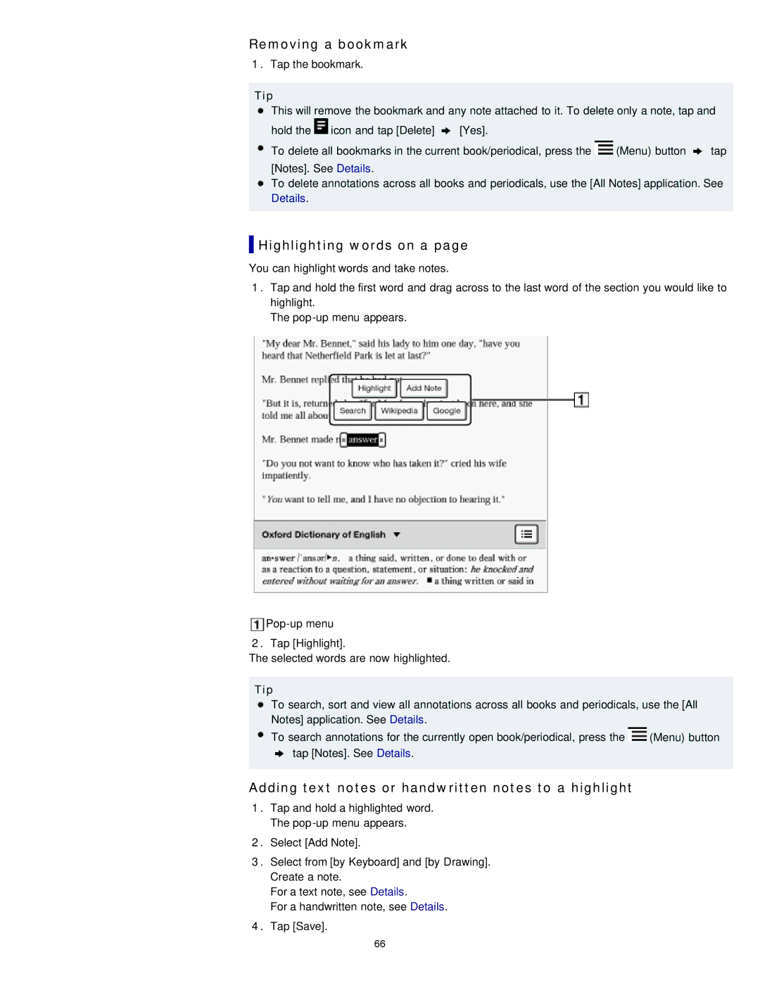 Sony PRS-T1RC manual Removing a bookmark, Highlighting words on a, Adding text notes or handwritten notes to a highlight 