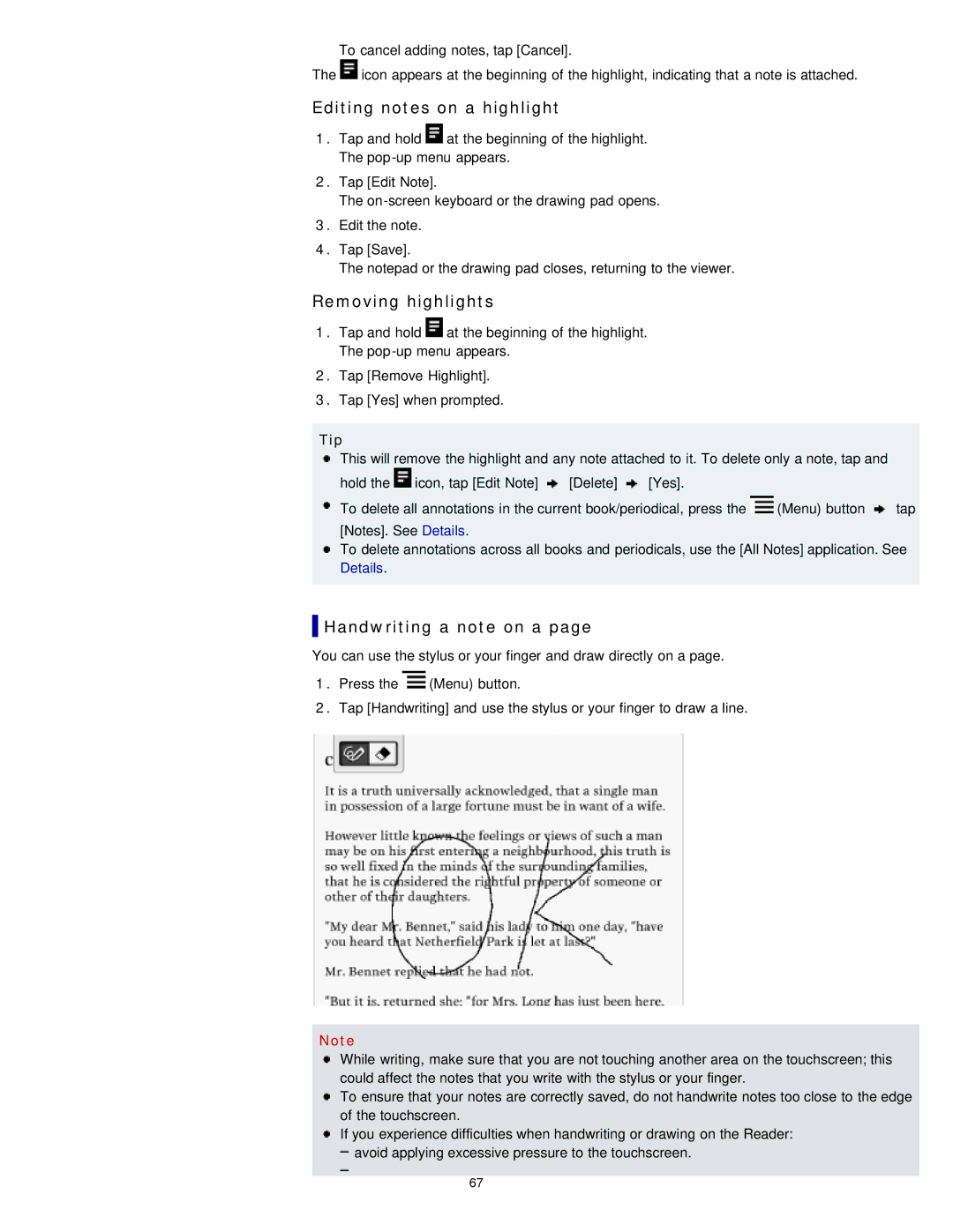 Sony PRS-T1RC, PRS-T1WC manual Editing notes on a highlight, Removing highlights, Handwriting a note on a 