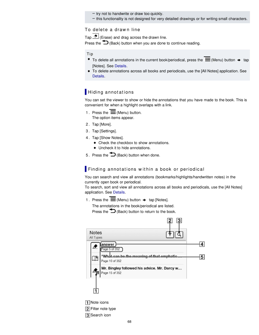 Sony PRS-T1WC, PRS-T1RC manual To delete a drawn line, Hiding annotations, Finding annotations within a book or periodical 