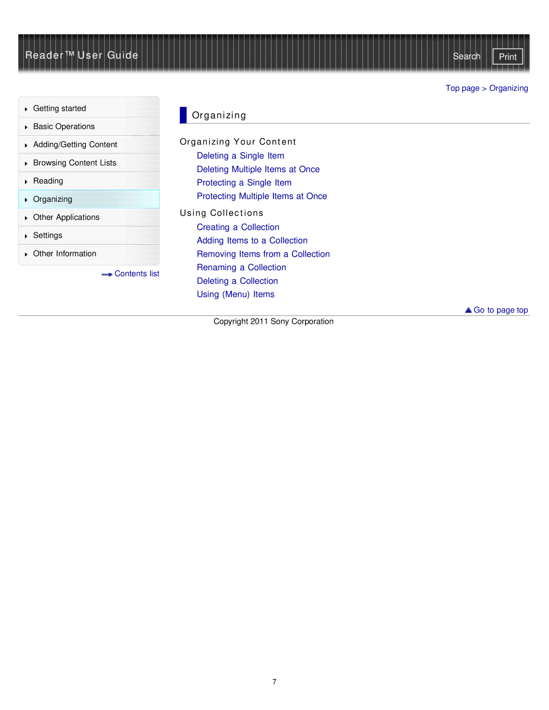 Sony PRS-T1RC, PRS-T1WC manual Organizing Your Content, Using Collections 