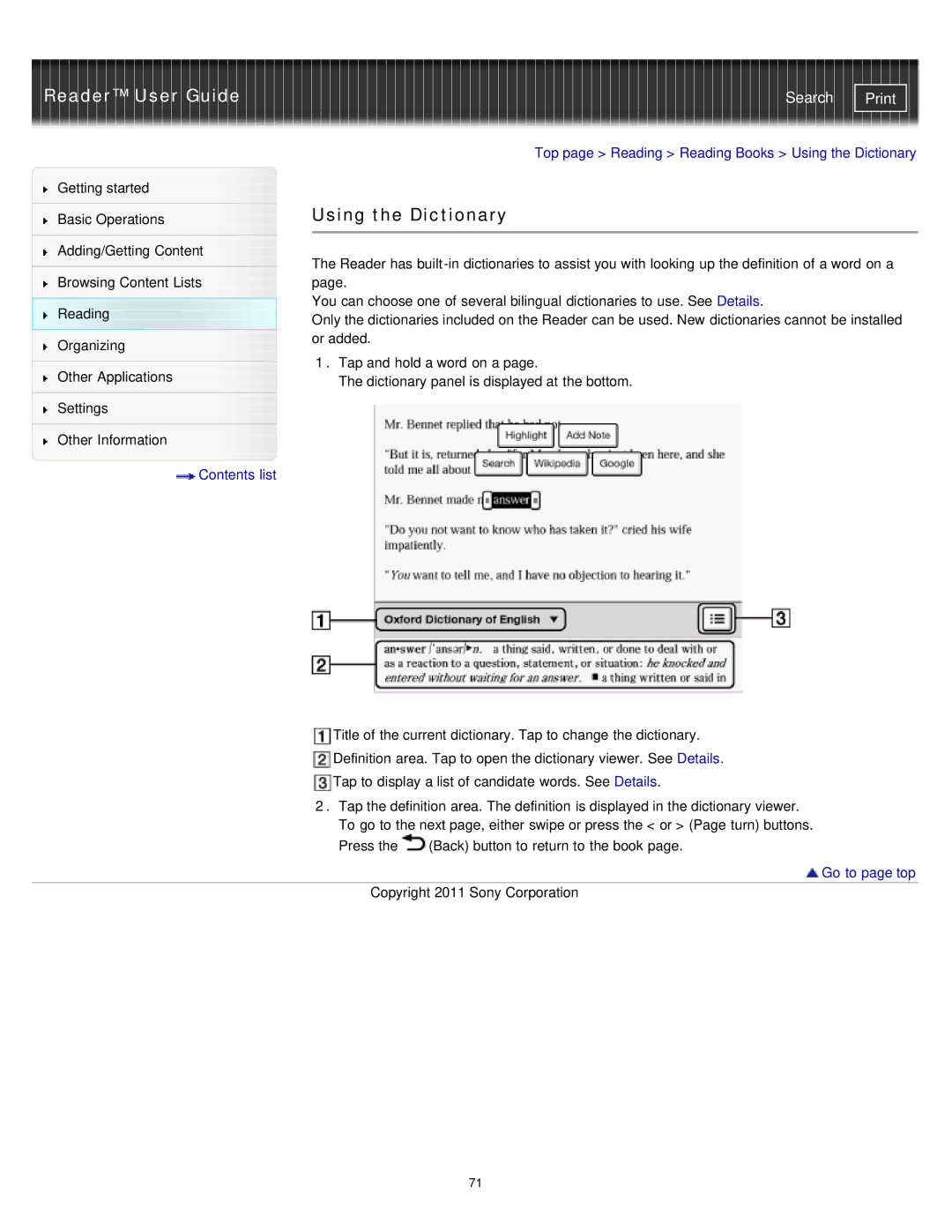 Sony PRS-T1WC, PRS-T1RC manual Using the Dictionary 