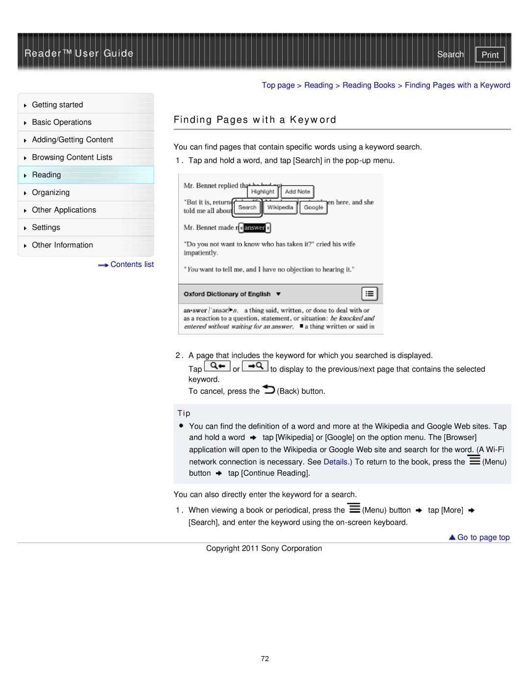 Sony PRS-T1RC, PRS-T1WC manual Finding Pages with a Keyword, Tip 