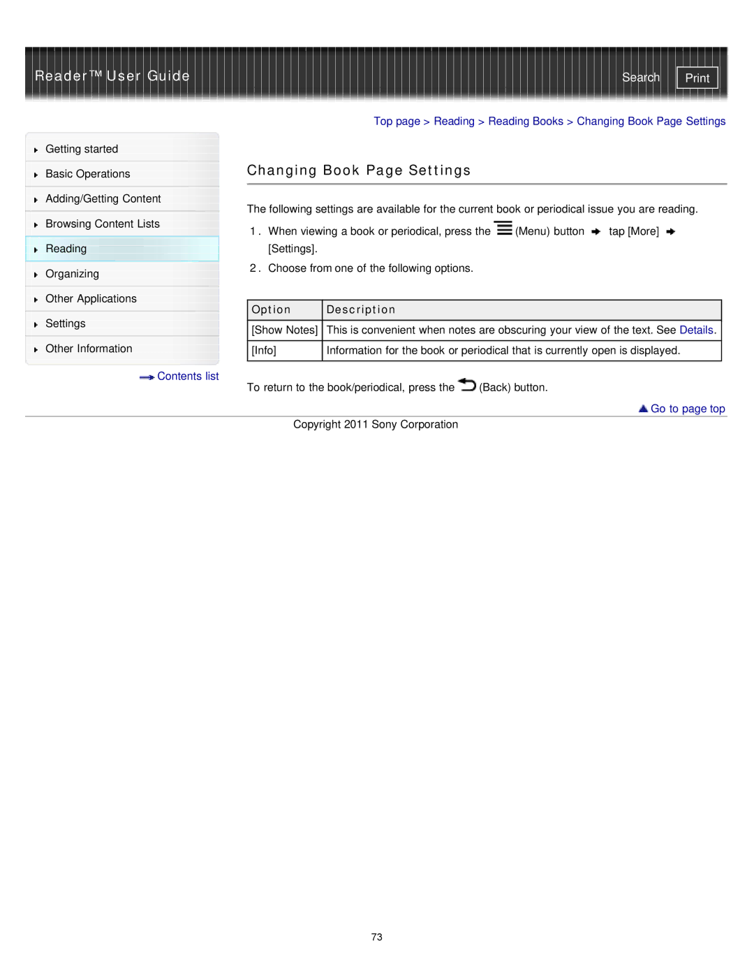 Sony PRS-T1RC, PRS-T1WC manual Changing Book Page Settings, Option Description 