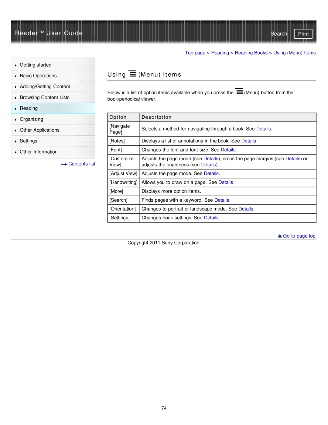 Sony PRS-T1WC, PRS-T1RC manual Top page Reading Reading Books Using Menu Items 