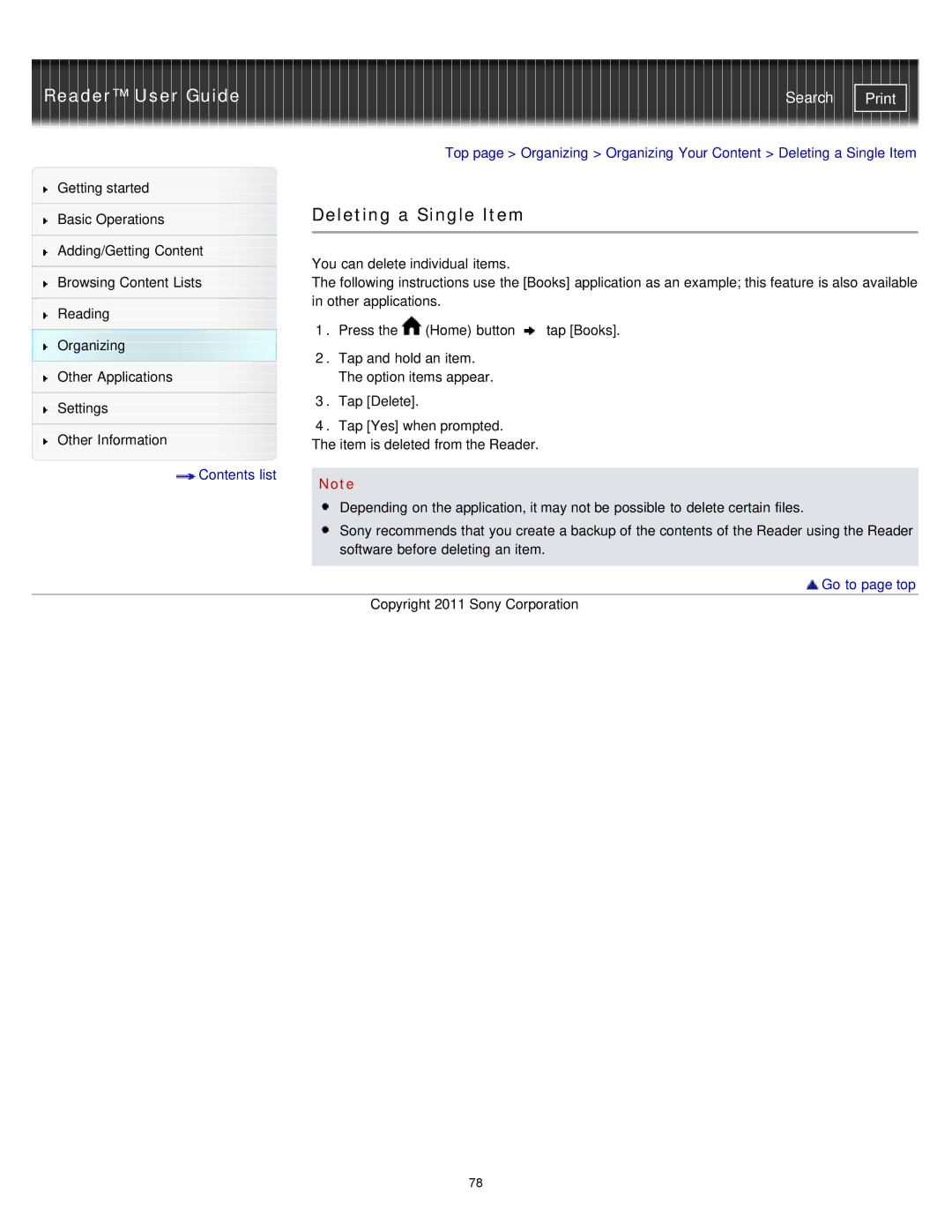 Sony PRS-T1RC, PRS-T1WC manual Deleting a Single Item 